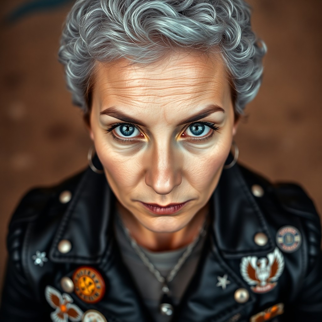 AI generated art for prompt: Capture a photorealistic portrait of a middle-aged Central Asian woman with short, curly silver hair