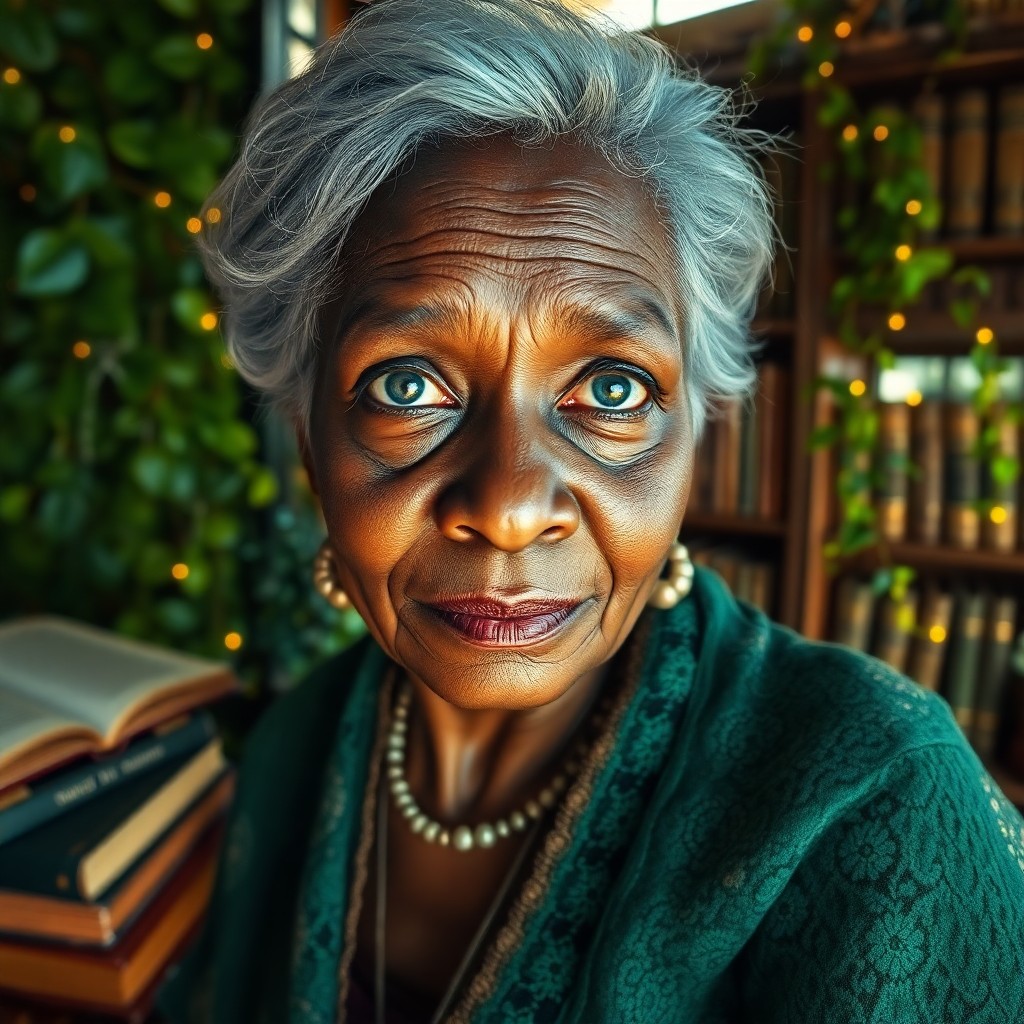 AI generated art for prompt: Craft an ultrarealistic portrait of a mature Sub-Saharan African woman with kind blue eyes and silve