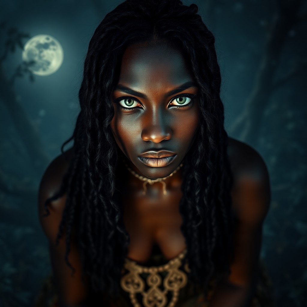 AI generated art for prompt: A hyperrealistic portrait of an enigmatic African woman with warm green eyes and cascading dark hair