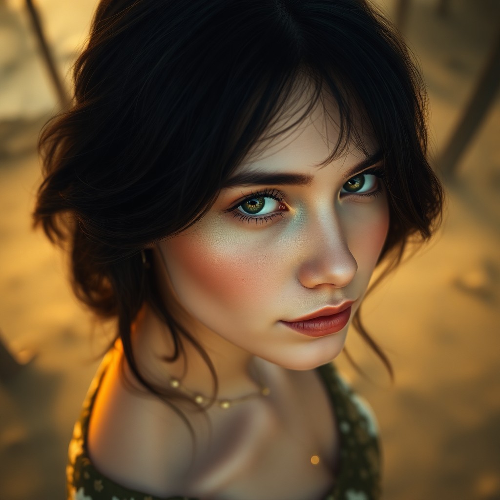 AI generated art for prompt: Hyperrealistically portray an Eastern European woman with shy green eyes and raven-black hair flowin