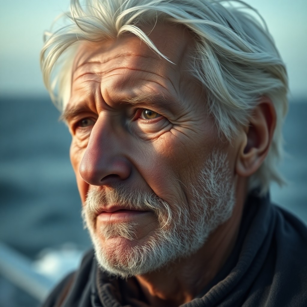 AI generated art for prompt: A hyperrealistic portrait showcases a weathered fisherman, his face marked by years of seafaring lif