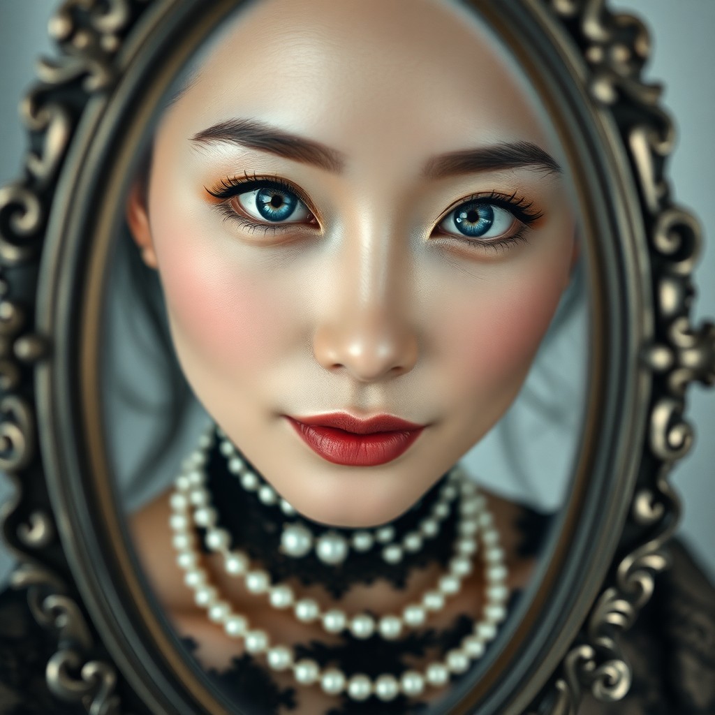 AI generated art for prompt: A captivating close-up portrait of an enigmatic East Asian woman with soft blue eyes, adorned in int