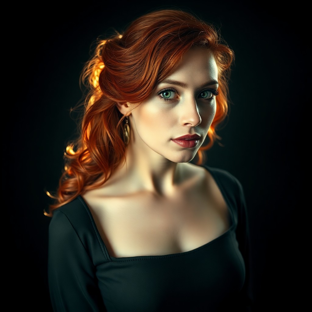 AI generated art for prompt: An enigmatic portrait of a Mediterranean woman with cascading red hair and shy green eyes exudes sop