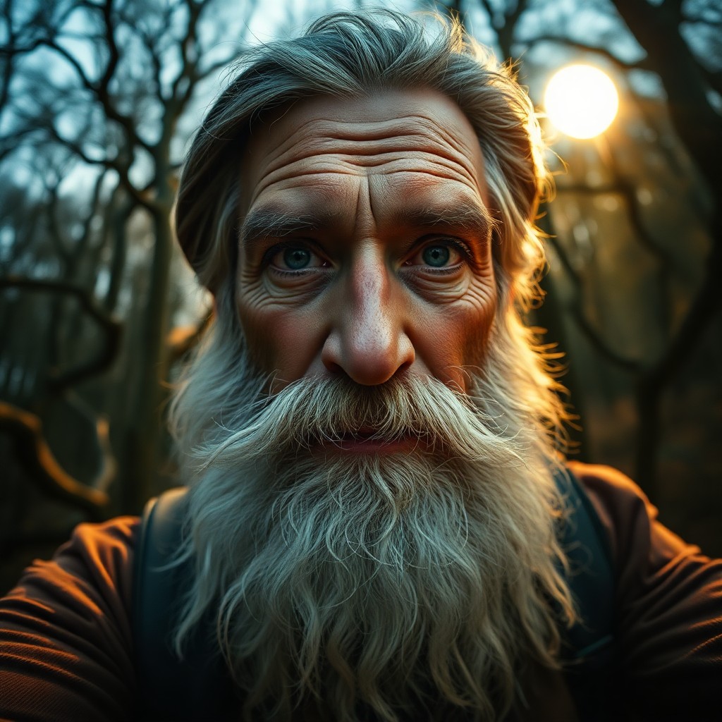 AI generated art for prompt: A portrait photograph showcasing a seasoned traveler with a rugged countenance, twinkling eyes, and 