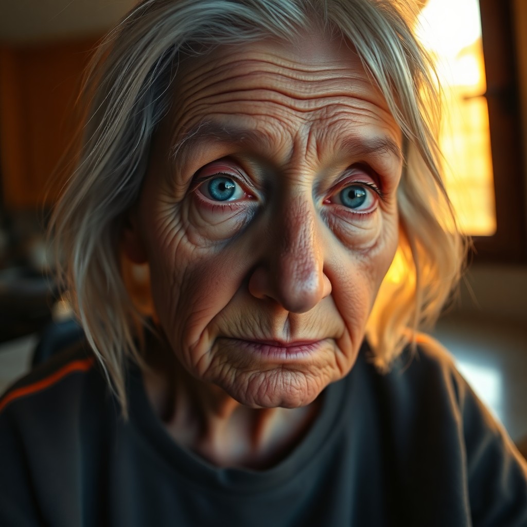 AI generated art for prompt: Imagine a close-up portrait of an elderly Southern European woman with gentle blue eyes and delicate