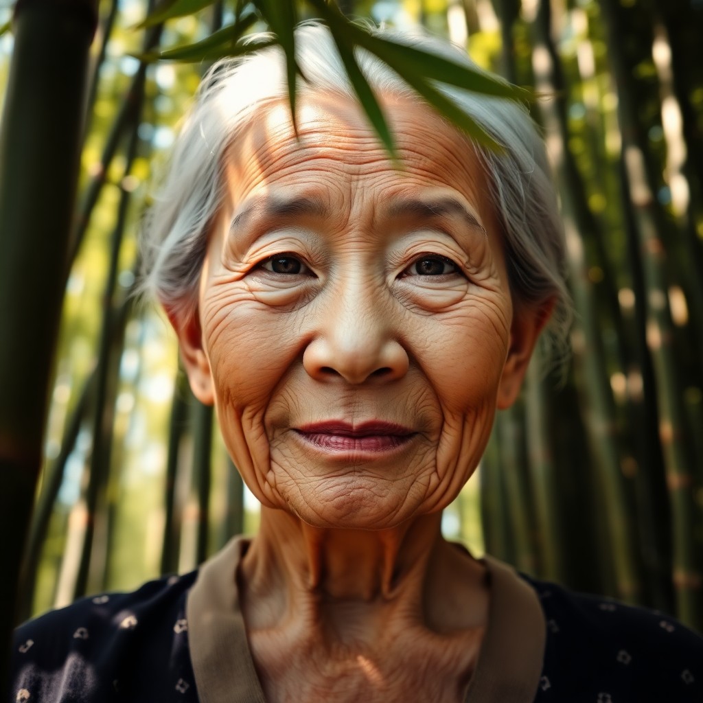 AI generated art for prompt: Craft a photorealistic portrait photograph capturing an elderly Asian Southern European woman's sere