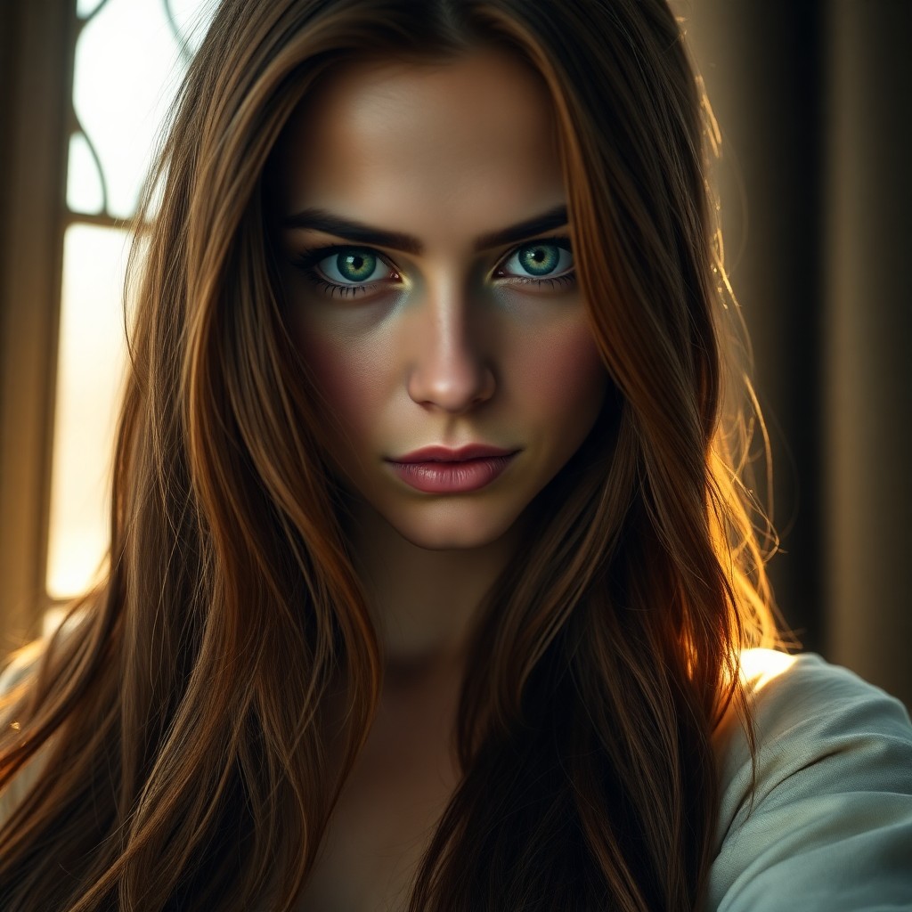 AI generated art for prompt: A captivating Celtic woman with piercing emerald eyes and tough features stares into the soft, warm 