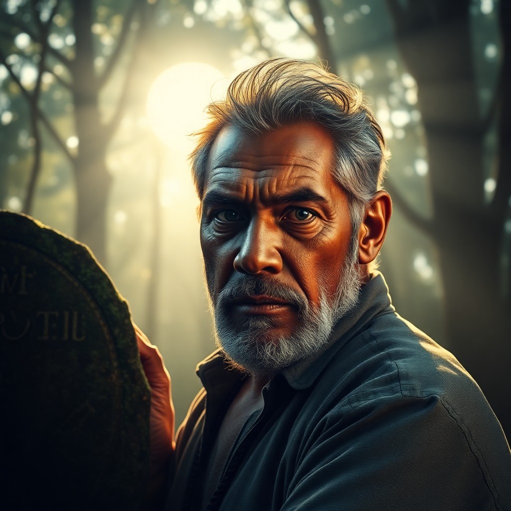 AI generated art for prompt: Craft a photorealistic portrait showcasing a pensive middle-aged Melanesian man with rugged features