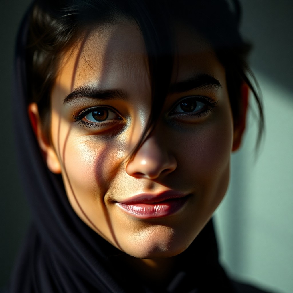 AI generated art for prompt: A photorealistic portrait showcases a figure with captivating eyes and an enigmatic smile, captured 