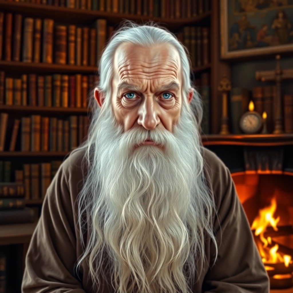 AI generated art for prompt: A super-realistic portrait of a wise old wizard, his long white beard framing serene blue eyes and d