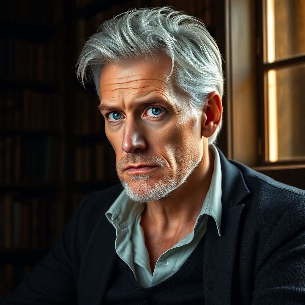 AI generated art for prompt: Visualize a super-realistic portrait of a distinguished gentleman with silver hair, intense blue eye