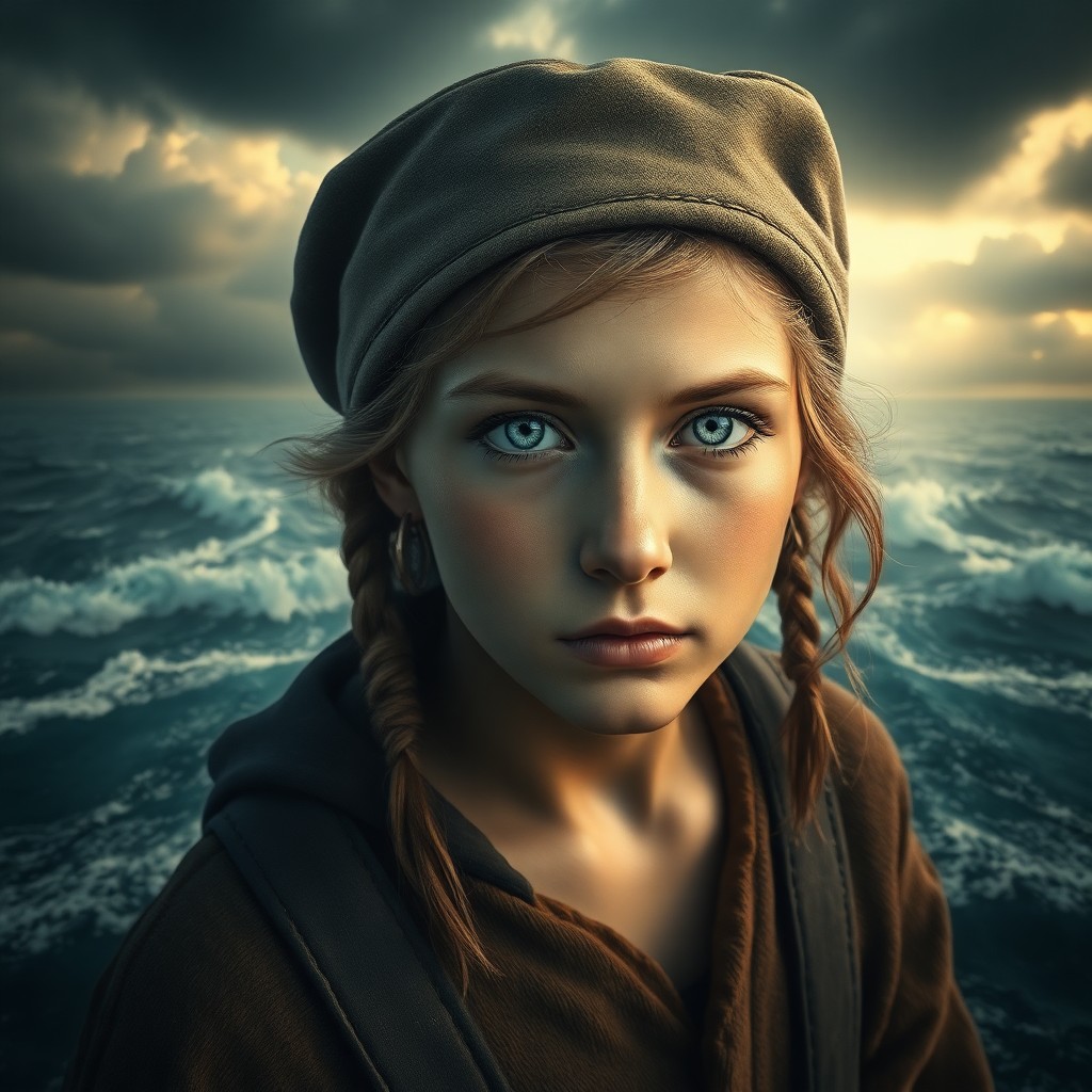 AI generated art for prompt: Envision a captivating super-realistic portrait of a timeworn yet wise girl with gentle blue eyes, s