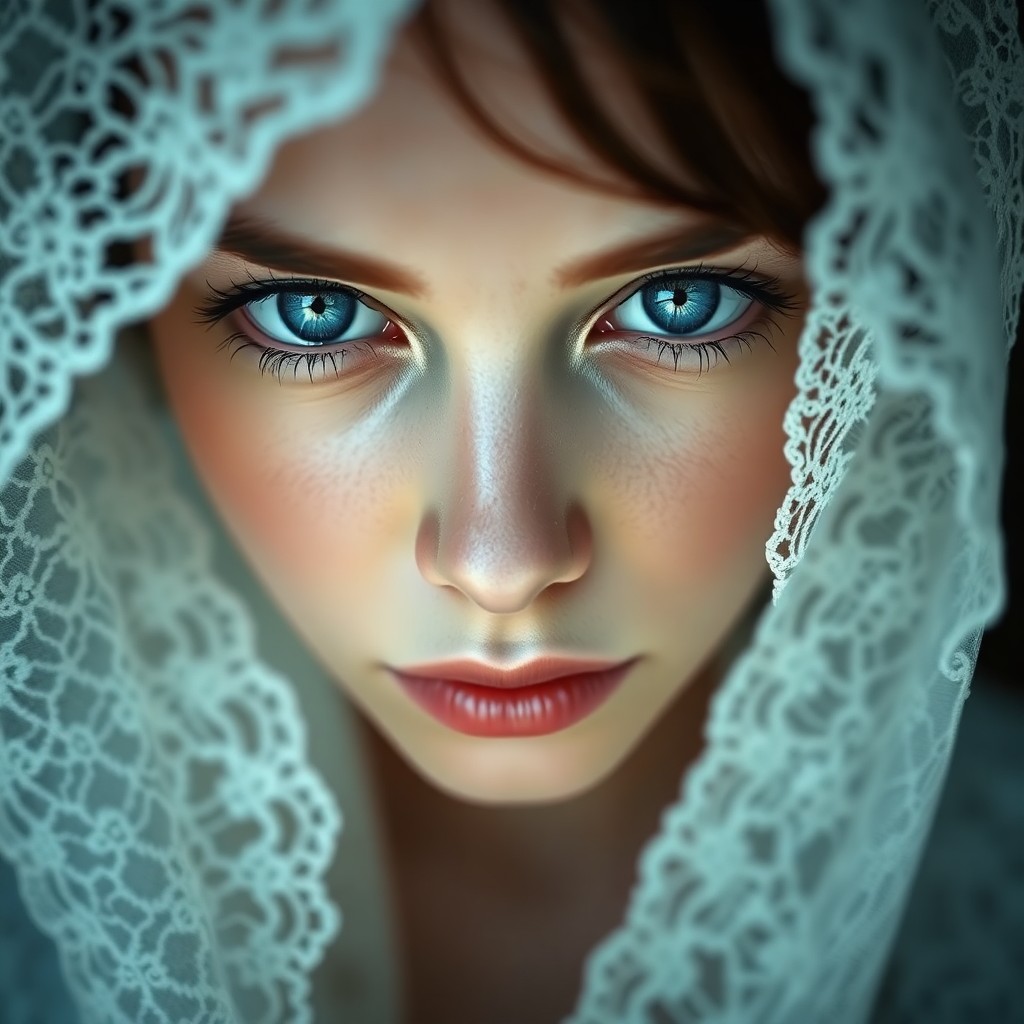 AI generated art for prompt: Envision a hyperrealistic portrait of an enigmatic woman with misty blue eyes, her delicate features