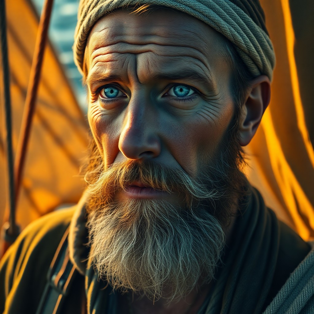 AI generated art for prompt: Hyperrealistic portrait of a rustic sailor with docile blue eyes and sun-kissed skin, showcasing his