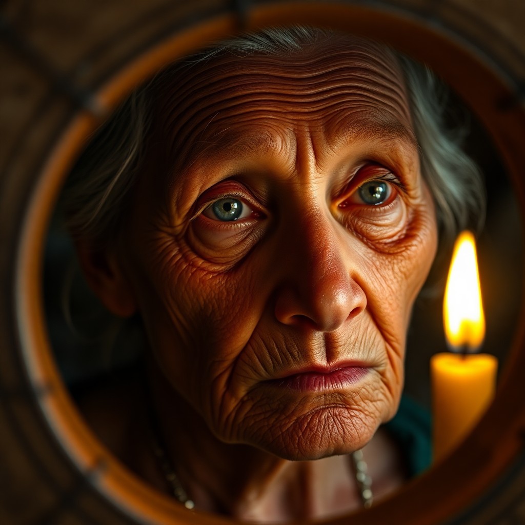 AI generated art for prompt: A photorealistic portrait of an elderly Amazonian woman with deep wrinkles and soft blue eyes, illum