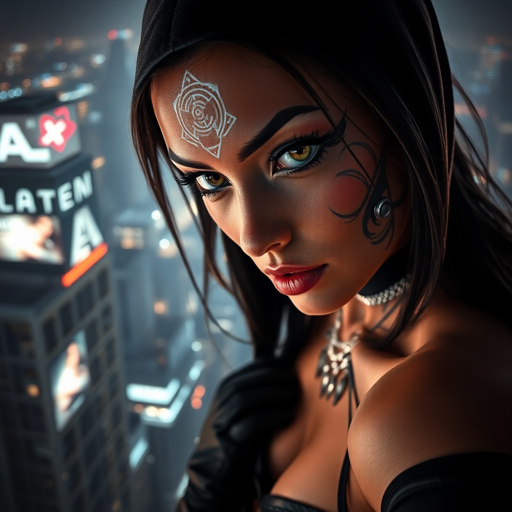 AI generated art for prompt: Envision a captivating portrait photograph showcasing an elegant female cyberpunk ninja poised atop 