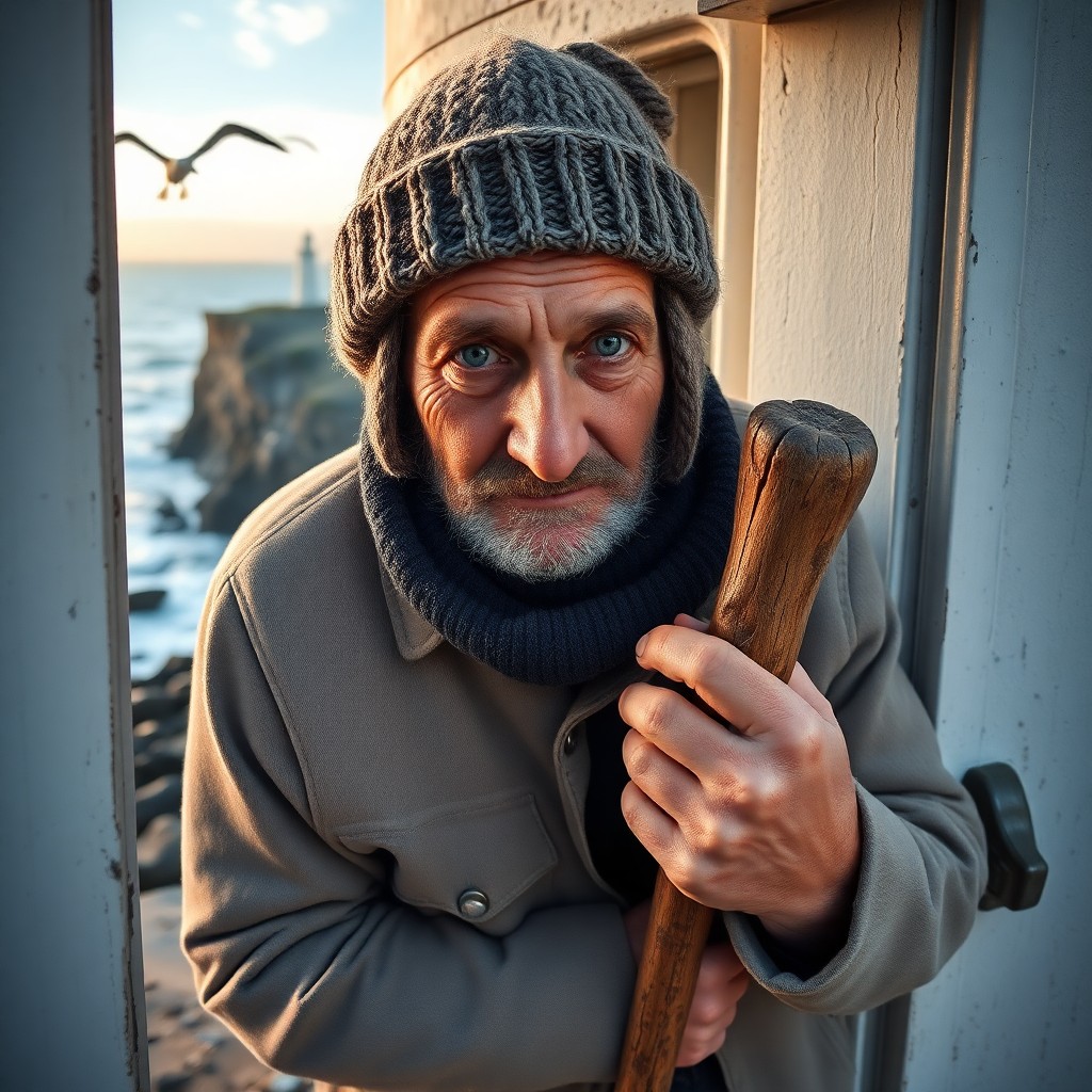 AI generated art for prompt: Envision a portrait of an aged lighthouse keeper with a weathered face, etched by years at sea, donn