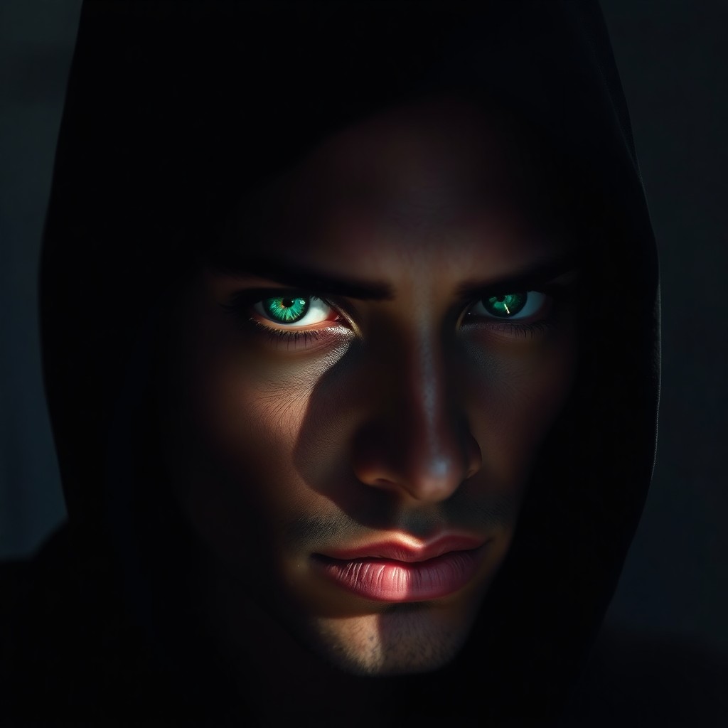 AI generated art for prompt: A hyperrealistic portrait depicts a shadowy figure with piercing emerald eyes peering through narrow