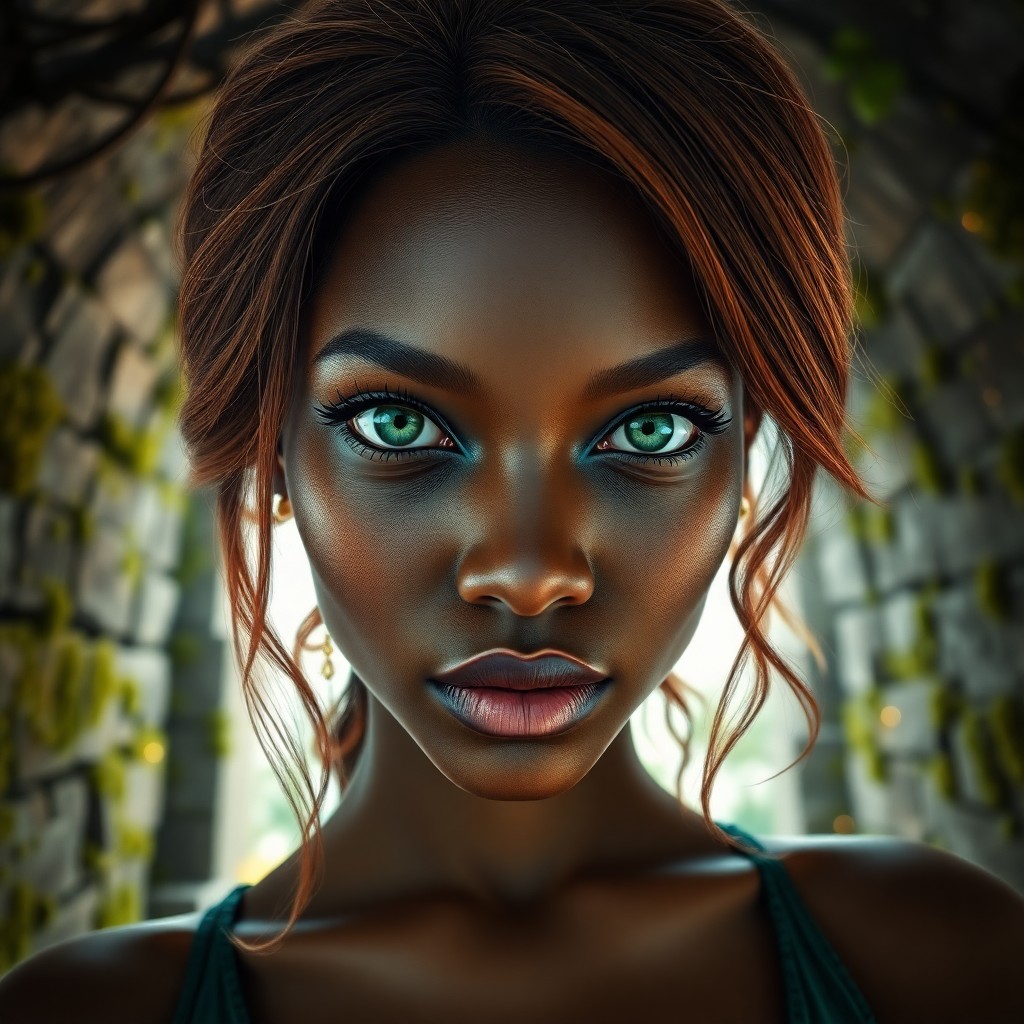 AI generated art for prompt: Imagine a detailed portrait of a Caribbean woman with piercing emerald eyes and lush auburn hair fal