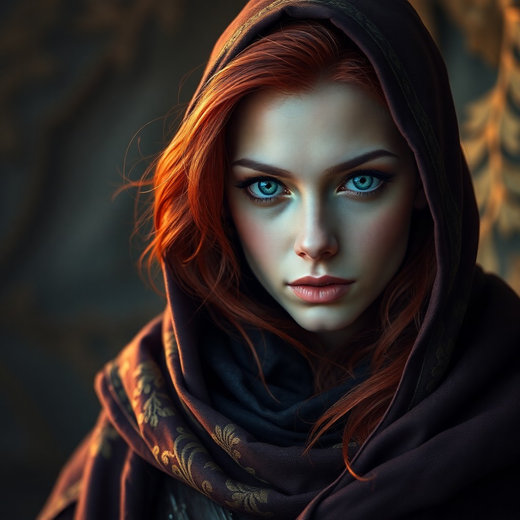 AI generated art for prompt: Craft a hyperrealistic portrait of an intrepid female adventurer with vivid blue eyes and fiery red 