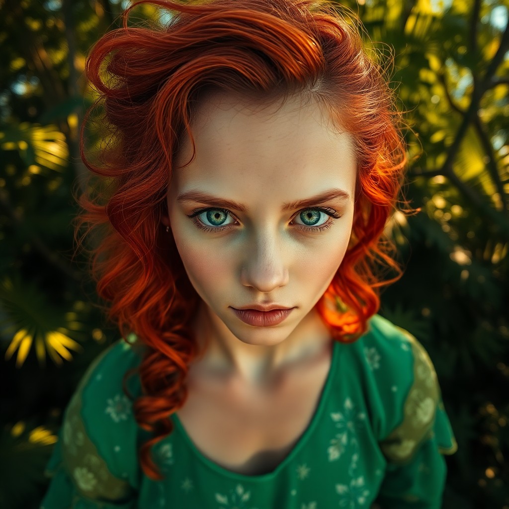 AI generated art for prompt: Imagine a captivating portrait of a young Amazonian woman with vibrant red hair styled in loose curl