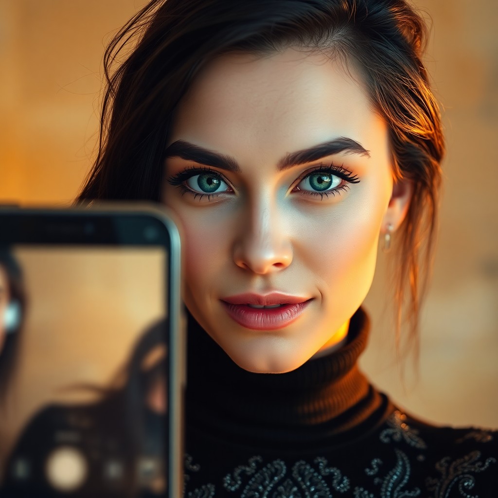 AI generated art for prompt: A smartphone camera captures a captivating Western European woman with deep emerald eyes, accentuate