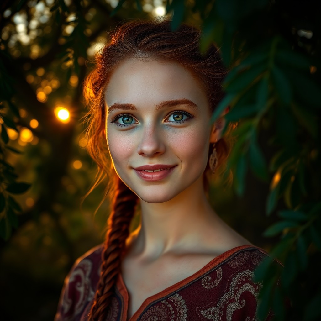 AI generated art for prompt: A photorealistic portrait of a young Aboriginal woman with vibrant red hair and serene green eyes ba