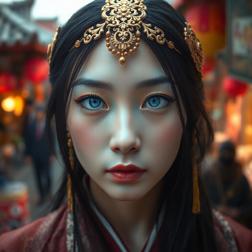 AI generated art for prompt: Imagine a photorealistic portrait of an enchanting East Asian woman with striking blue eyes and rave