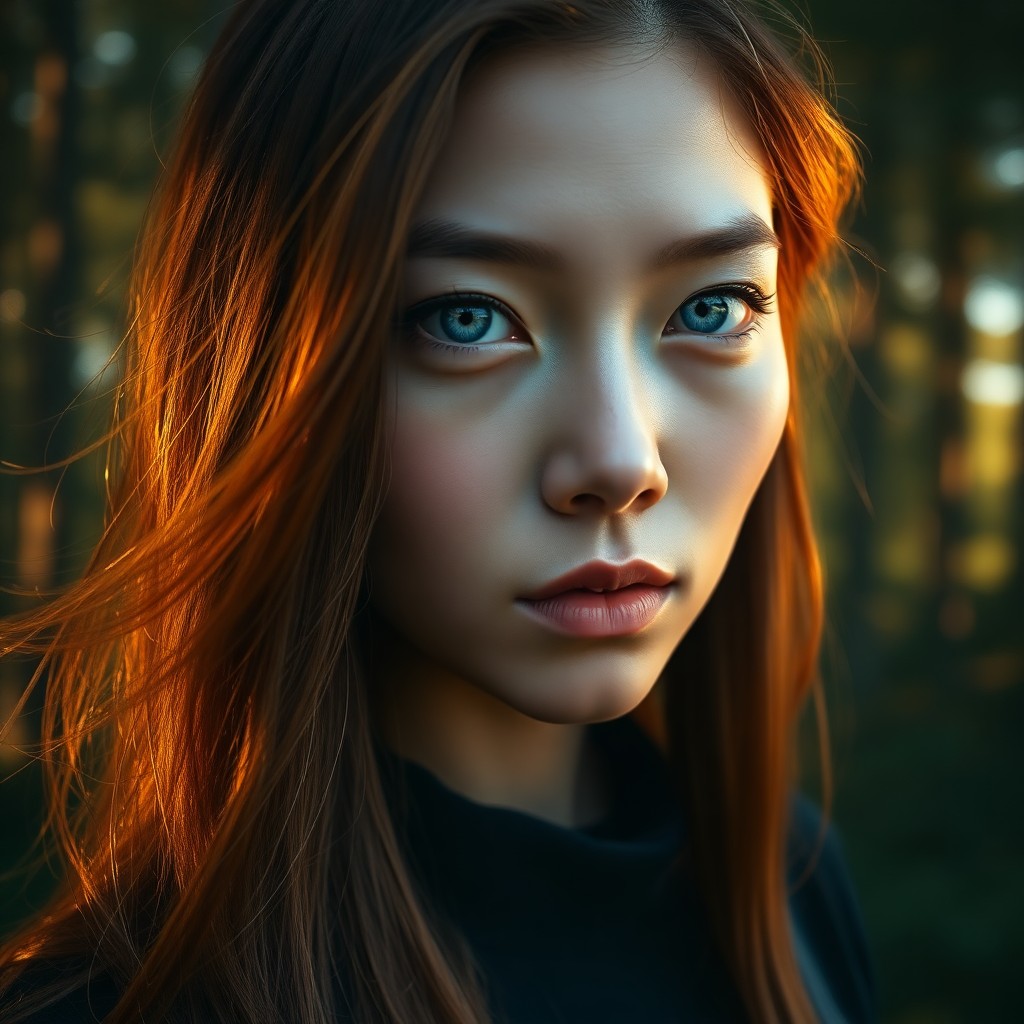 AI generated art for prompt: Craft a photorealistic hyper-detailed digital portrait of an East Asian woman with hazy blue eyes an