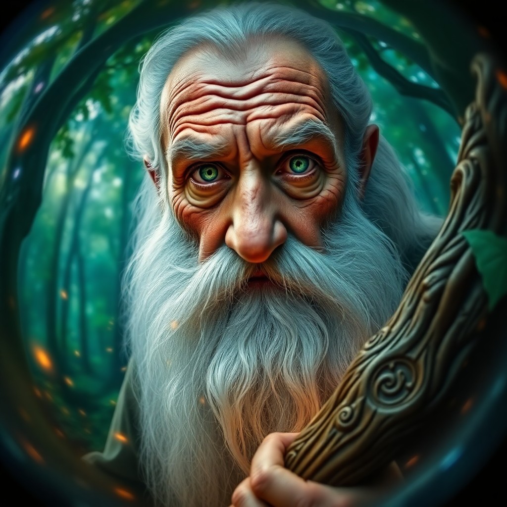 AI generated art for prompt: Craft a hyperrealistic portrait of an aged wizard with piercing emerald eyes amidst a vibrant forest