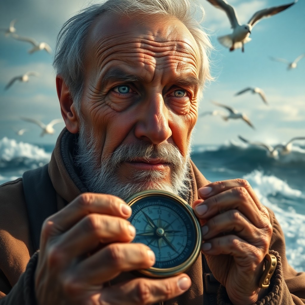 AI generated art for prompt: Envision a photorealistic portrait of an aged fisherman with a weathered complexion and misty blue e