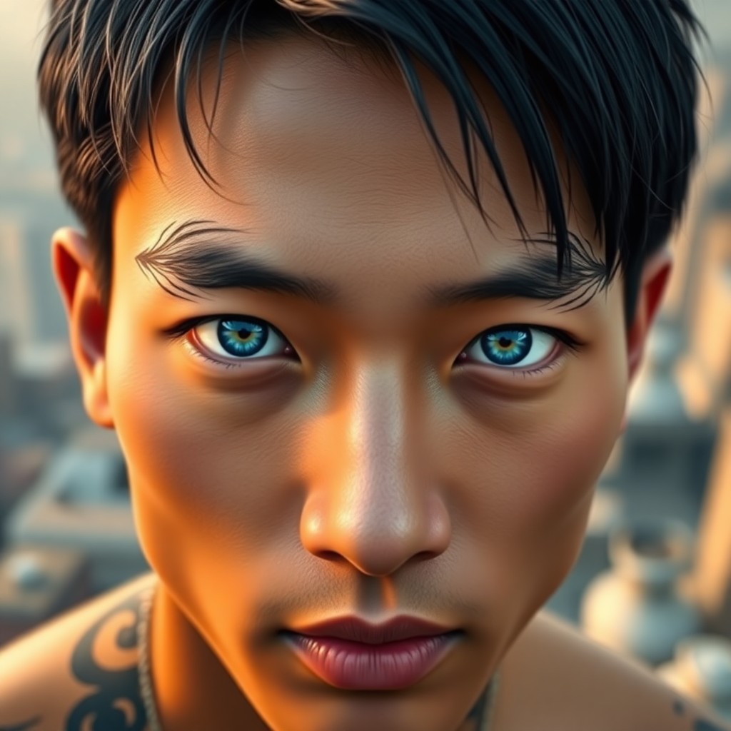 AI generated art for prompt: Craft a hyperrealistic digital portrait of an East Asian man with blue eyes and intricate tribal tat