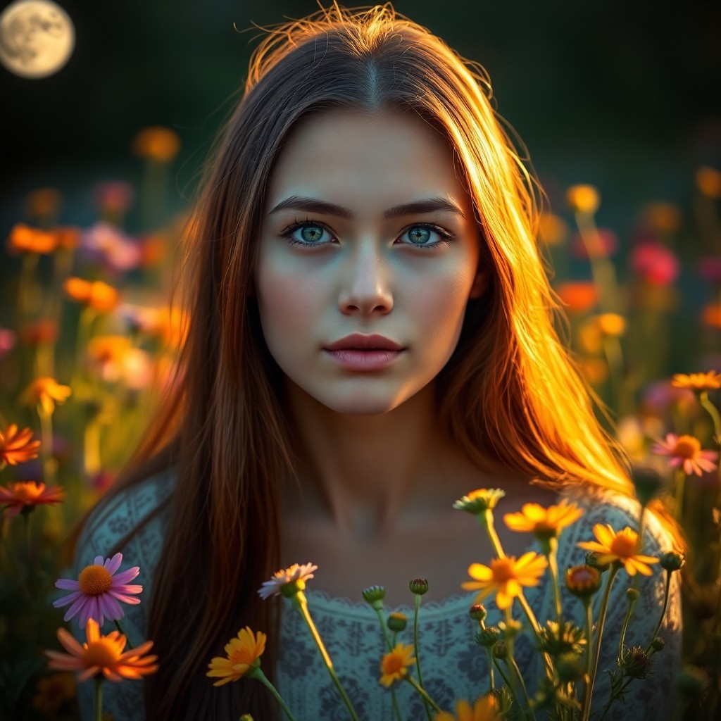 AI generated art for prompt: A captivating young Central Asian woman with long chestnut hair and serene green eyes sits amidst a 