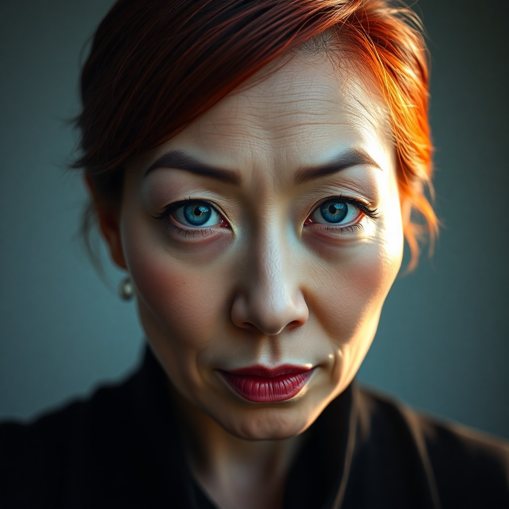 AI generated art for prompt: Imagine a super-realistic portrait of a middle-aged East Asian woman with sharp features and vibrant