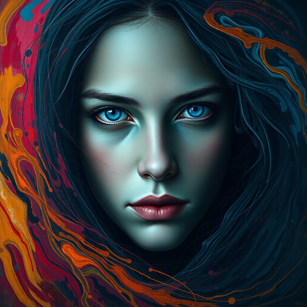 AI generated art for prompt: A super-realistic portrait showcases an enigmatic figure with tranquil blue eyes amidst a backdrop o