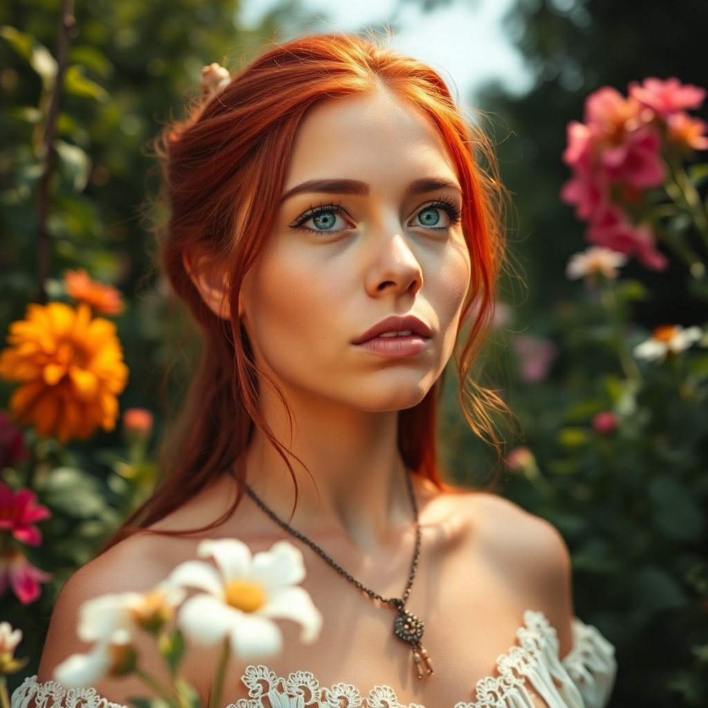 AI generated art for prompt: A Native American woman with vibrant red hair stands amidst a serene garden, her kind blue eyes gazi