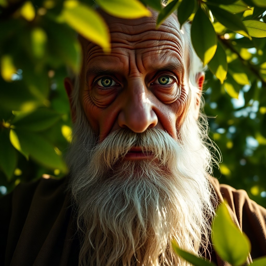 AI generated art for prompt: A portrait photograph captures the enigmatic gaze of a wise old sage, his piercing emerald eyes cont