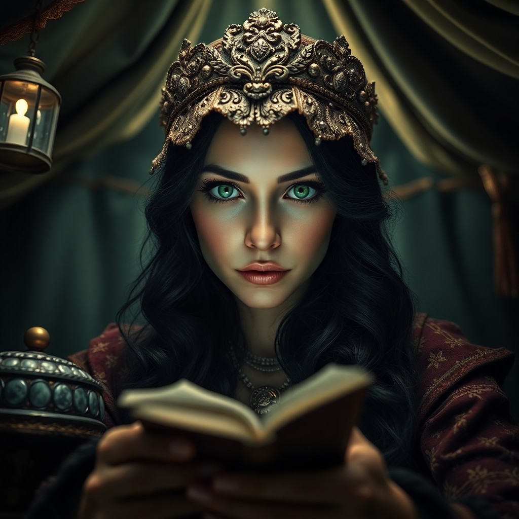 AI generated art for prompt: A photorealistic portrait photo of an enigmatic fortune teller with vivid green eyes and cascading r