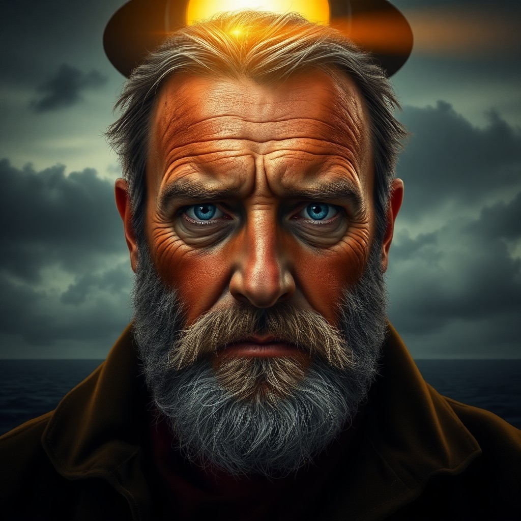 AI generated art for prompt: Visualize a captivating photorealistic portrait of a distressed lighthouse keeper, his sun-weathered