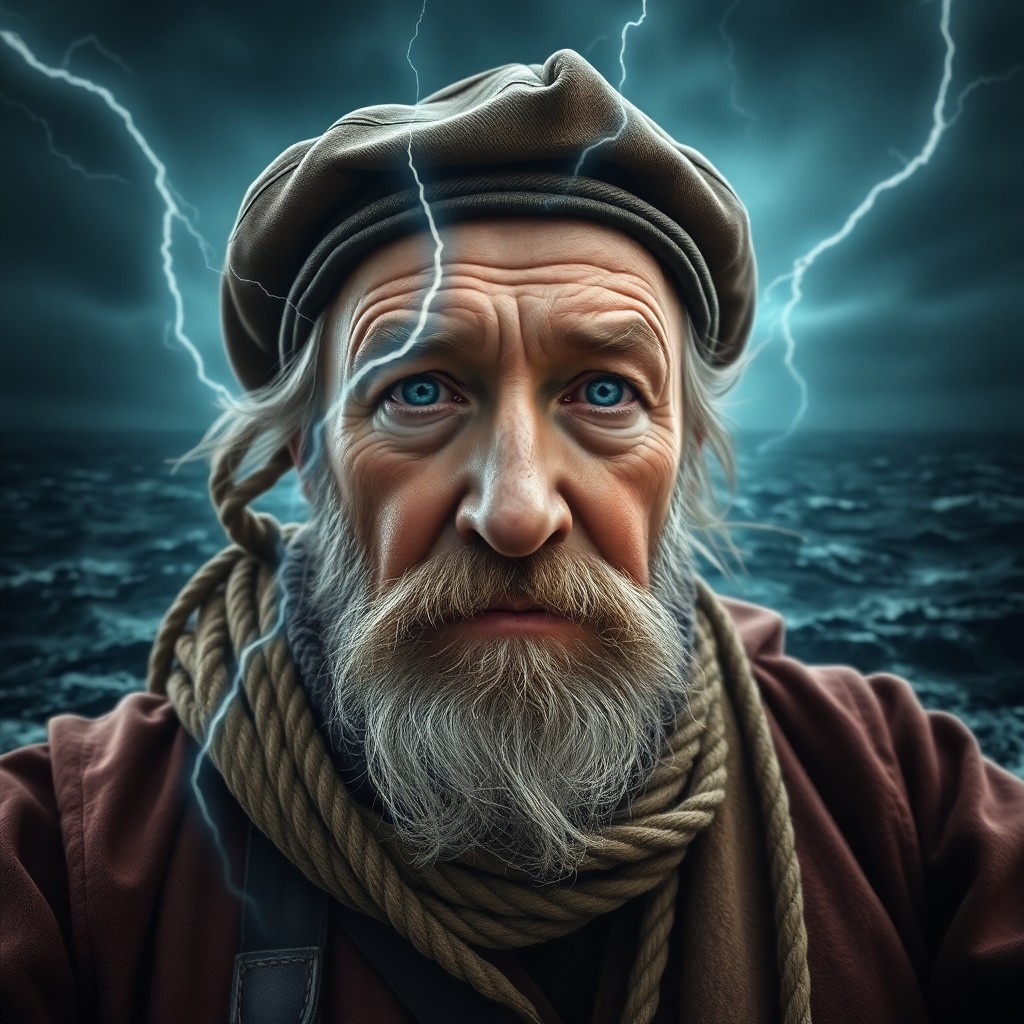 AI generated art for prompt: Generate a photorealistic portrait of an aged sailor with unfocused blue eyes and a grizzled beard, 