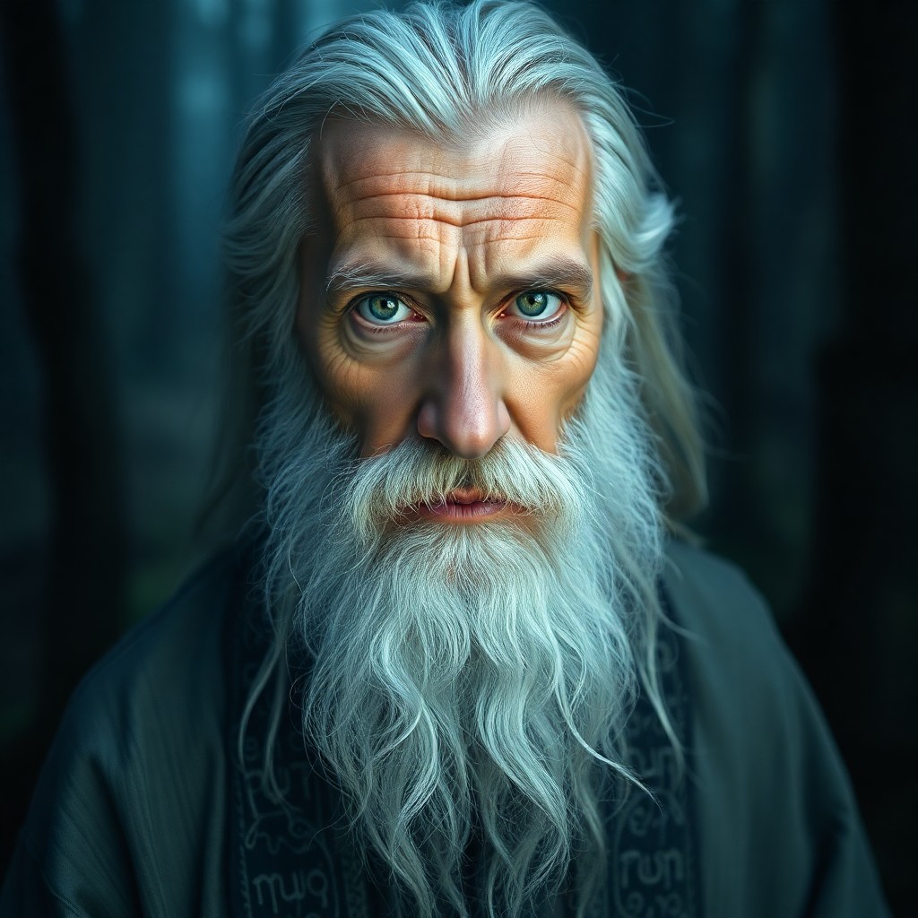 AI generated art for prompt: Imagine a portrait photograph of an aged yet wise sage with a full white beard and intense green eye