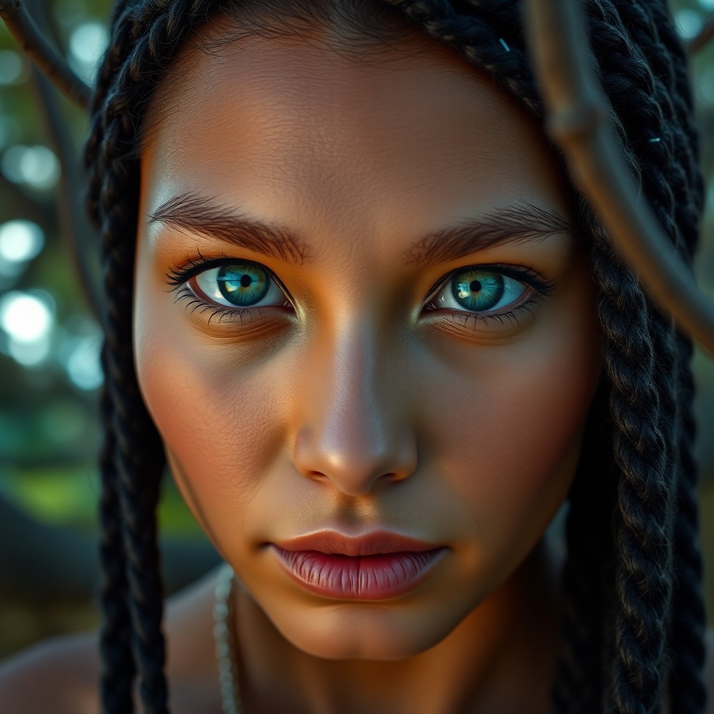 AI generated art for prompt: A hyper-realistic close-up portrait showcases an enigmatic Micronesian woman with piercing emerald e