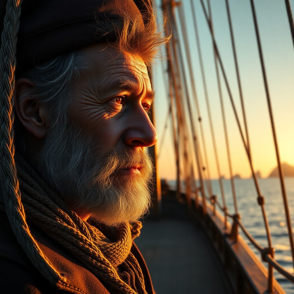 AI generated art for prompt: Create an ultrarealistic portrait of a weathered sea captain, his rugged face bearing the lines of y