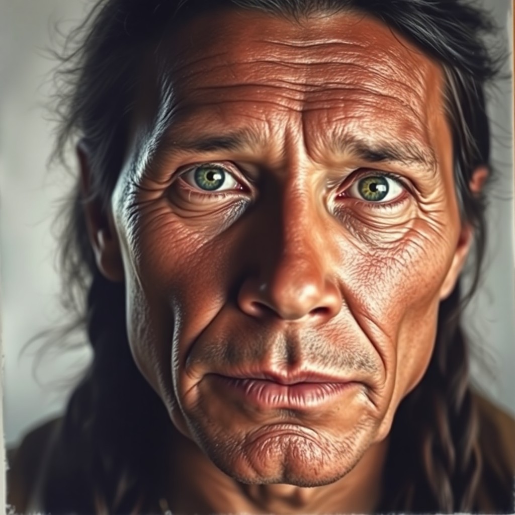 AI generated art for prompt: Craft a hyper-realistic charcoal drawing featuring an intimate portrait of a Native American man wit