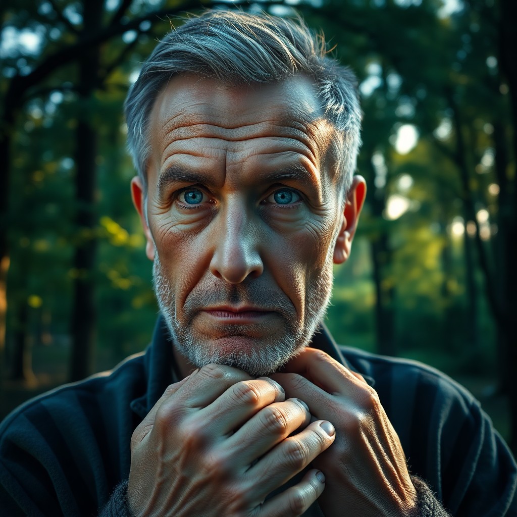 AI generated art for prompt: Craft a photorealistic portrait of a middle-aged Slavic man with melancholic blue eyes and short gra