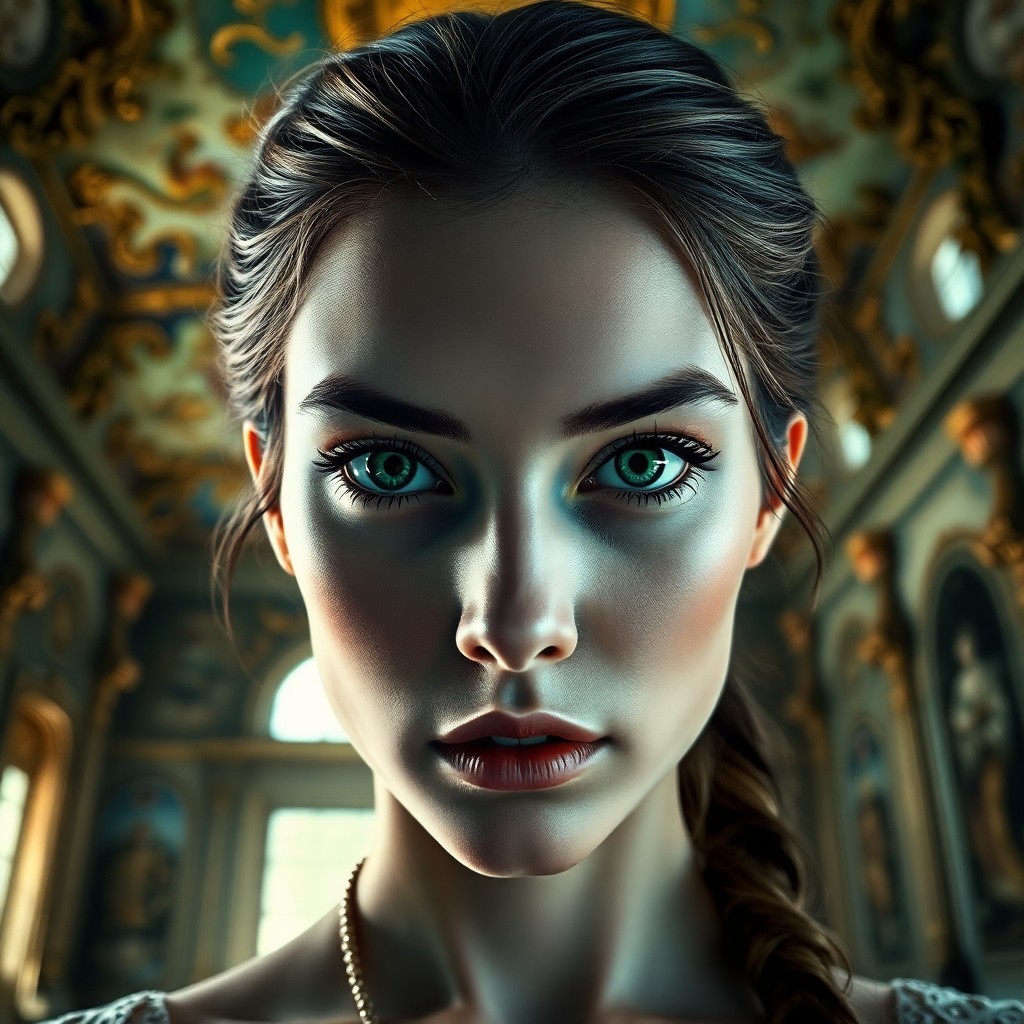 AI generated art for prompt: Craft a hyper-realistic portrait photograph with Baroque influences, showcasing an intense close-up 