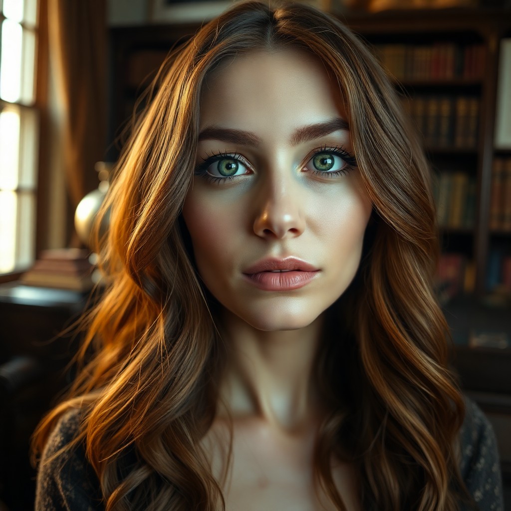 AI generated art for prompt: A captivating portrait from a unique perspective showcases an enigmatic Caucasian woman with strikin