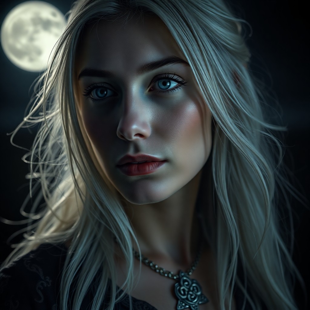 AI generated art for prompt: A photorealistic portrait photograph of a mysterious Southern European woman with tender blue eyes a