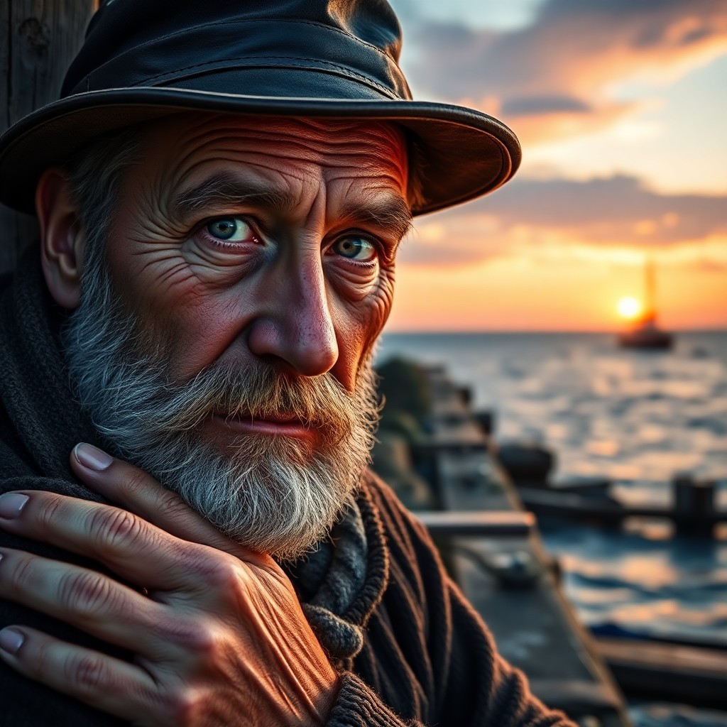 AI generated art for prompt: A hyperrealistic portrait depicts a seasoned fisherman with weathered skin and kind blue eyes, captu