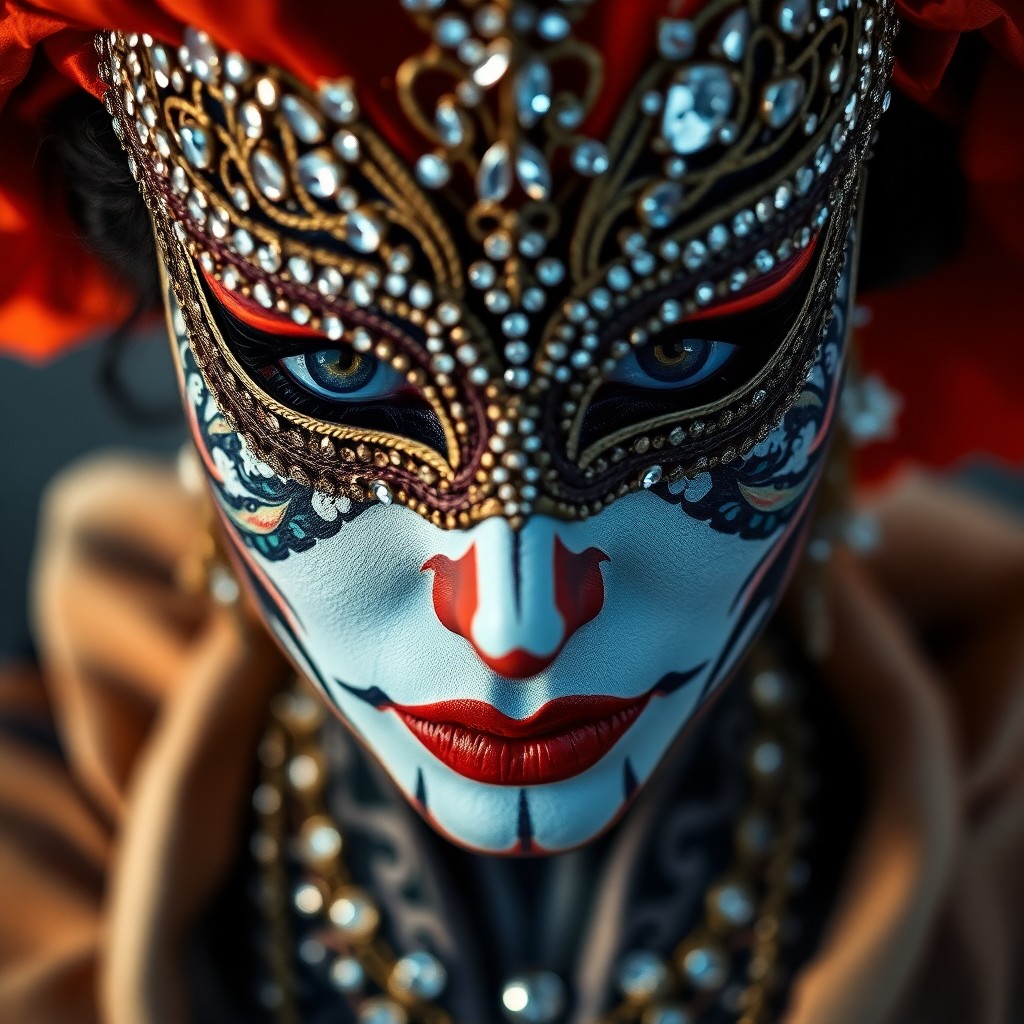 AI generated art for prompt: Craft a captivating portrait photograph of a carnival performer adorned with intricate body paint ar